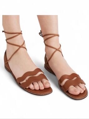 Madewell Gladiator Sandals Leather Lace Up Flats The Wave Cognac Brown size 7.5